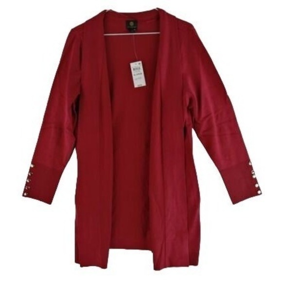 JM Collection Button-Cuff Cardigan Red Star Garnet M - Picture 3 of 4